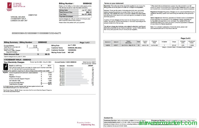 Canada Ontario London Hydro utility bill scr